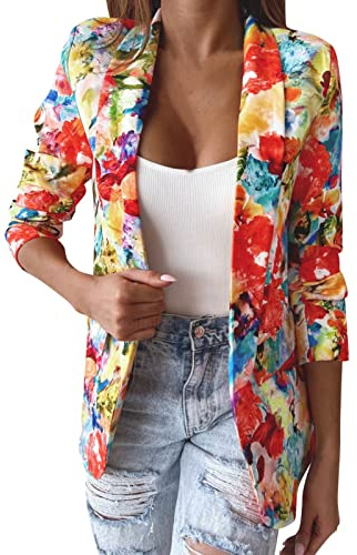 Blazer élégant à manches longues pour femme - Motif floral coloré - Veste d'été à revers - Coupe ajustée - Veste de bureau - Manteau léger et aéré - Pour veste de costume de mode