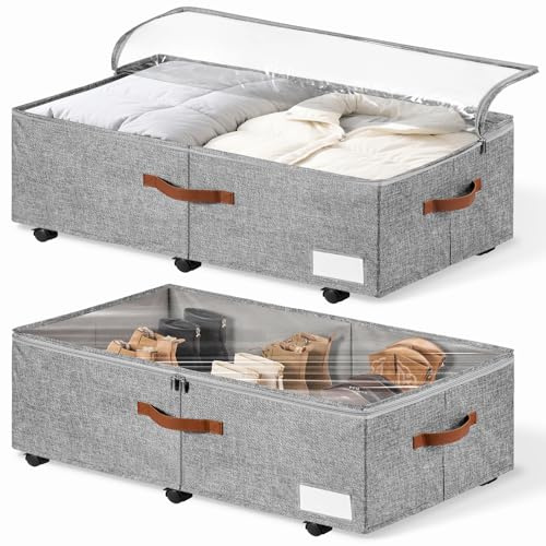 KitHero 2er-Set Große Unterbett-Aufbewahrung mit Rädern, 60 Liter Volumen - 26,5 cm Höhe (10,5 Zoll) - Graue Rollbox mit Klarsichtdeckel für Stiefel, Decken & Kleidung