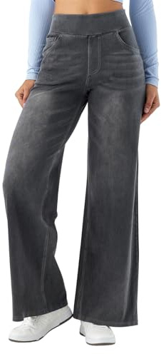 SotRong hög elastisk midja säckig breda ben dra på jeans med flera fickor magkontroll rakt ben ledig lös stretchig kurva plazzo denimbyxor