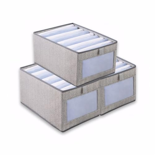 Kongming Schrank Organizer Kleiderschrank, 3 Stück Ordnungsboxen Kleiderschrank Ordnungssystem, Faltbare Aufbewahrungsboxon Stoff mit Transparentem Fenster für Kleidung Aufbewahrung(grau, 36*25*20cm)