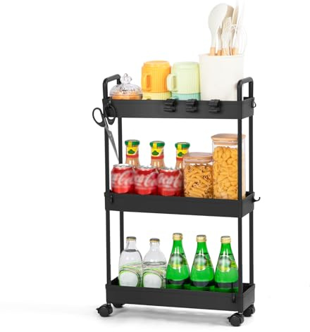 FoiiLiio Chariot de Cuisine à 3 Niveaux,Desserte à roulettes Multifonctionnel Mobile Étagère,Étagère de Cuisine,Étagère de Cuisine avec roulettes,pour Salle de Bain,Chambre,Noir,38.8 x 12.5 x 65 cm