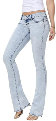 WAISUNZLM Women's Super Low Rise Stretchy Flared Jeans Slim Fit for Flattering Silhouette Bootcut Denim Pants Light Blue