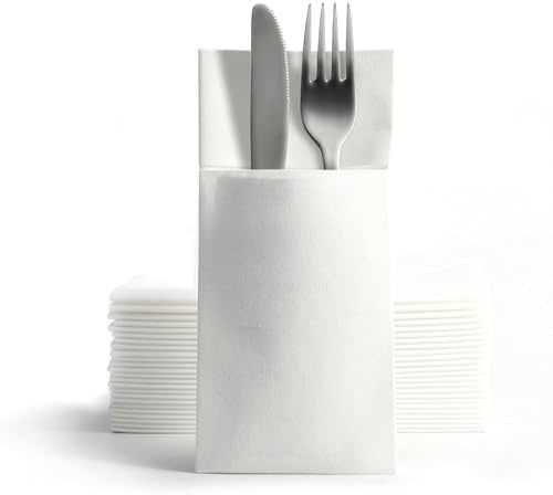 AEKZOX Set da 10 sacchetti per tovaglioli con tasca integrata per posate, texture in lino, design pre-piegato, ideale per matrimoni e feste (bianco)