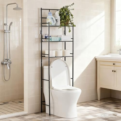 CELORVINI Estanteria Baño Encima WC, Mueble sobre Inodoro de 3 Niveles, Estanteria sobre Inodoro Independiente de Metal, Organizador de Baño Ahorra Espacio, Fácil de Montar para Baño, Negro