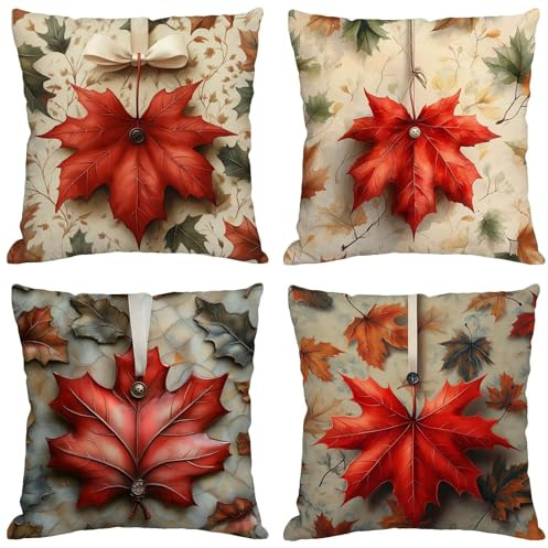 Herbst Kissenbezug 35x35 cm 4er Set, Kissen Ahornblatt Samt Dekokissen, Kissenbezüge Doppelseitige mit Unsichtbarem Reißverschluss Waschbar Kissenhülle für Sofa Deko Wohnzimmer, Geschenk Frauen M839