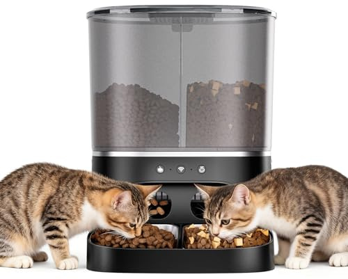 2 in 1 Distributore Automatico Cibo Gatti, 8L 2.4G WiFi Distributore Cibo Cani con Ciotole in Acciaio Inox con Funzione di Registrazione, 10 Pasti al Giorno e Controllo del Timer, Adatto Per Cani e Ga