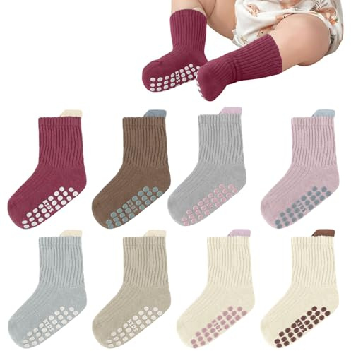 AOOTE Calcetines Antideslizantes Bebé,8 Pares de Calcetines Antideslizantes para Niños Niñas con Agarres,Algodón Calcetines Bebe Calcetines Antideslizantes para Bebés y Niños Pequeños de 1 a 3 Años