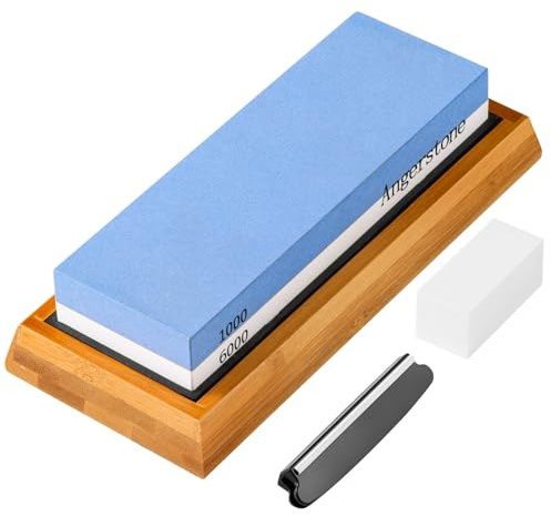 Angerstone Pietra per affilare i coltelli di alta qualità – Pietra per affilare coltelli grana 1000/6000, pietra per affilare coltelli con base antiscivolo, miglior kit per affilare pietre bagnate,