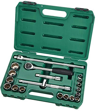 SATA ST09087SJ Steckschlüsselsatz, Knarrenkasten, Ratschenkasten 1/2/12,7 mm, Sechskant und Zwölfkant Zöllisch mit Umschaltknarre, Steckschlüssel und Zubehör in robustem Koffer 20 Tlg.