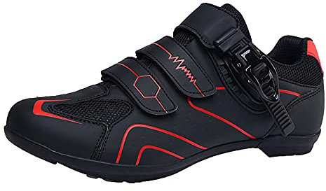 FNKDOR Gestreift Fahrradschuhe Herren Damen Rennrad MTB Atmungsaktiv Rutschfest Sneaker mit Klettverschluss und Verstellbare Schnalle Rot 44