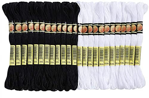 SHULLIN 24 Stück Stickgarne Stickerei Stickseide Kreuzstichfaden Schwarz Sticktwist Kreuzstichgarn Baumwolle Freundschaftsarmbänder Faden Schwarz Weiß Stickgarne für Stickgarn Basteln