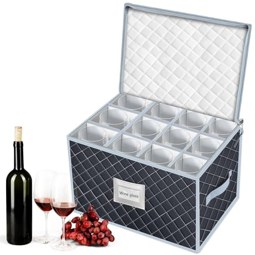 VERONLY Wine Glass Storage Box with 12 Dividers, Stemware Protector Carrier, Glassware Case Container for Wine Glasses, Fragile Crystal Dinnerware Moving, Kitchen Party Travelling Camping (Grey)