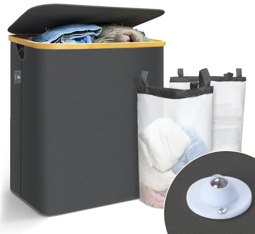 VOUNOT® Cesto Portabiancheria 145L con Ruote, Cesta Biancheria Sporca con Coperchio e Manici in Bambù, Porta Biancheria Pieghevole Cesta Panni Sporchi per Bagno o Lavanderia Vestiti, Grigio
