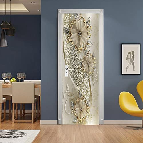 A.Monamour Adesivo Porta Autoadesiva 3D Ornamenti Di Fiori Dorati Scintillanti Carta Da Parati Arte Moderna Vinile PVC Adesivi per Porte Interne Pellicola Poster Sticker Murale Parete Carta da Parati