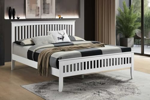 Sareer Furniture Sandhurst White Solid Wood Kingsize Bed Frame Slatted Headboard Modern Classic Style Easy to Assemble and Durable 5ft