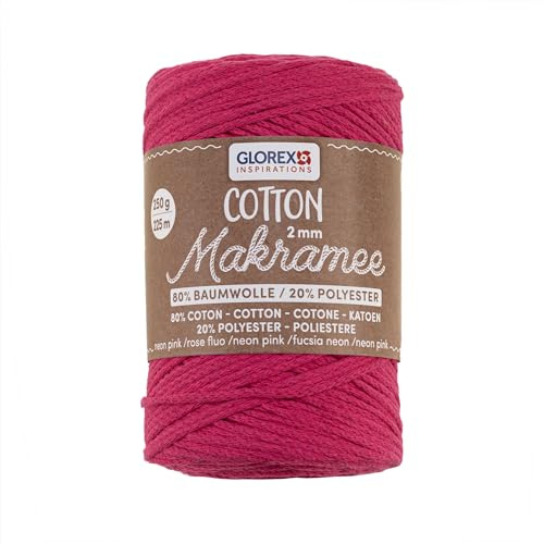 Glorex 5 1008 36 macramè 2 mm, 250 g, Rosa Neon, Lunghezza 225 m, Filato Tripla Torsione, 100% Cotone, per Lavorare all'Uncinetto, a Maglia, Legare e Modellare