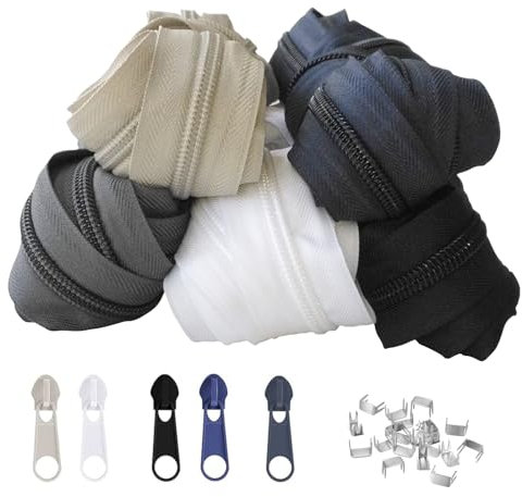 Reißverschluss endlos 5mm 15m 5 Farben Nylon Endlosreißverschluss mit 30 Zipper und 60 Endstück, Reißverschlüsse spiralförmig Meterware teilbar, 3.2cm breit für Kleidung Tasche Mäppchen Bettwäsche