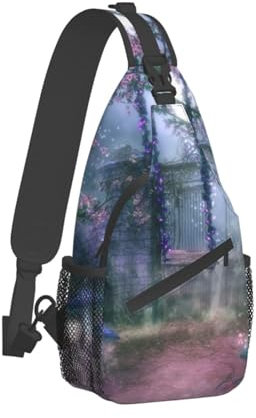 Fantasy Spring Flowers Swing Herren-Umhängetasche, Schulter-Rucksack, bedruckt, Polyester, Schultertasche, Brusttasche, für Reisen, Wandern, Outdoor-Sport, Schwarz , Einheitsgröße