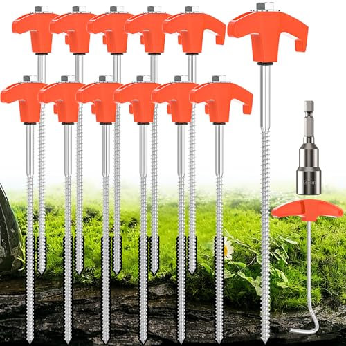 YAOBLUESEA 12Pcs Schraubheringe Zelt-Heringe aus Stahl Camping Zeltheringe Set Heringe Erdnägel Stabil Zelt Erdanker 25CM Mit Camping Heringe Zieher 13MM Sechskantbohrer für harten Boden Wald Gras