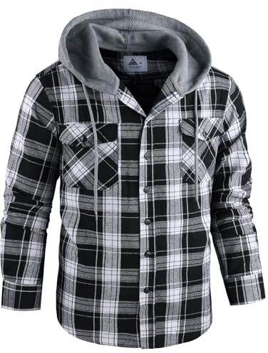 GEEK LIGHTING Men's Plaid Shirt Checked Shirts Mens Flannel Shirt Button Down Long Sleeve with Drawstring Casual Double Chest Pockets Classic Shirt Jacket 2XL Black White
