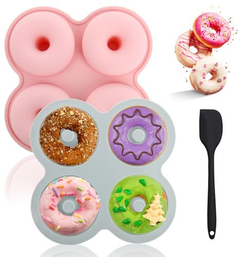 PosyLane 2 Piezas Molde para Donut de Silicona y 1 Pieza Espátula Antiadherente para Hornear Donut de 4 Cavidades, Moldes Silicona Reposteria para Horno Donuts/Pasteles/Galletas/Bagels/Muffins