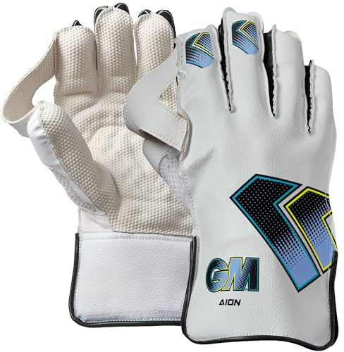Gunn & Moore GM Cricket-Wicket-Keeper-Handschuhe, Baumwollfutter und Noppen-Gummi-Handfläche, PVC-Kunstleder-Handrücken, Erwachsene, 1 Paar, Weiß, Cyan und Fluro mit GM-Logo
