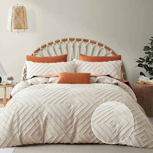 Freyamy Tuftée Housse de Couette Style Bohème 240x260+2 Taie d'oreiller 65x65 Beige Broderie à la Main Parure de lit Boho Fille Adulte Sets de Housse Couette en Microfibre Unie avec Fermeture Éclair