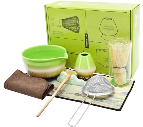 Yiomxhi Matcha Set, 8 Stück Matcha Tea Set mit Matcha Besen und Halter, Matcha Schale, Matcha Löffel und Halter, Sieb, 2 Geschirrtücher, Matcha Set ohne Pulver für Ceremonial Matcha, Grün