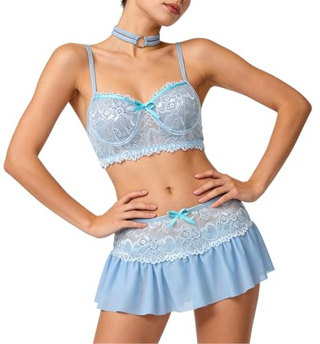 GIVTULIP Women Floral Lace Lingerie 4 Piece Exotic Nightwear with G-String | Sexy Lingerie Set with Skirt &Choker Underwire Push Up Bra and Knickers Set Cute Bow Sleepwear Mesh Underwear Boudoir Outfit