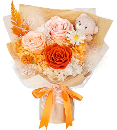 Ramo de Flores Preservadas con Osito, 3 Rosas Eternas Reales para Entrega, Ramo de Rosas Naranjas Duraderas como Regalo de Cumpleaños para Mujeres, Madres, Esposas, Ella