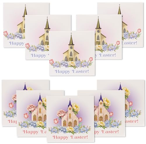 Happy Easter Cards Pack of 10 with Envelopes - 14x14cm Square Seasonal Greeting Cards Blank Inside - Religious & Cheerful UK Designed Themes (Church)