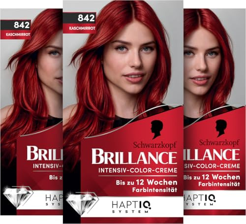 Schwarzkopf Brillance Intensiv-Color-Creme 842 Kaschmirrot (3x 170 ml), Permanente Haarfarbe mit perfekter Grauabdeckung, Coloration mit pflegendem Biotin-Komplex für bis zu 12 Wochen Farbintensität
