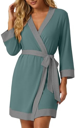 PrinStory Women Dressing Gown Lightweight Short Bathrobe V-Neck 3/4 Sleeve Kimono Robes Loungewear With Pockets