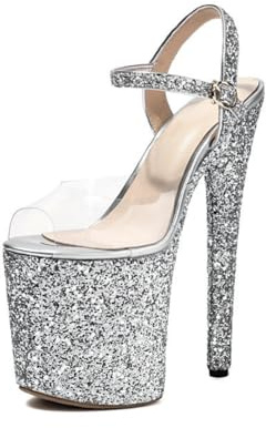 Genérico Sandalias Mujer Punta Abierta Brillo Plataforma Vamp Transparente Tobillera Hebilla Cierre Tacón Alto Extremo Stiletto Vestido Fiesta Baile,Plata,38 EU