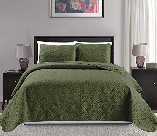 Mk Collection - Copriletto matrimoniale king size 299,7 x 269,2 cm, 3 pezzi, motivo a rombi, colore: verde oliva