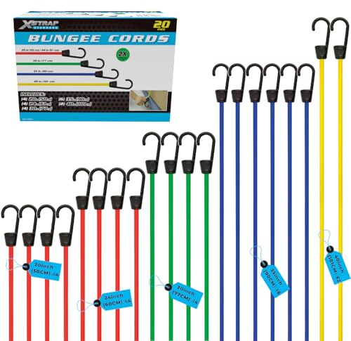 XSTRAP STANDARD 20 Pieces Premium Bungee Cords Assortment - Includes 20”, 24”, 30”, 35”, 40” Bungee Cords with Hooks