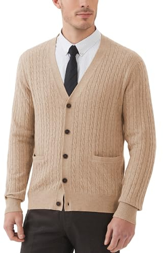 Kallspin Men’s Wool Blend Cardigan Sweater Cable Knit V Neck Button Front Casual Knitwear Jumper(Coffee, Large)