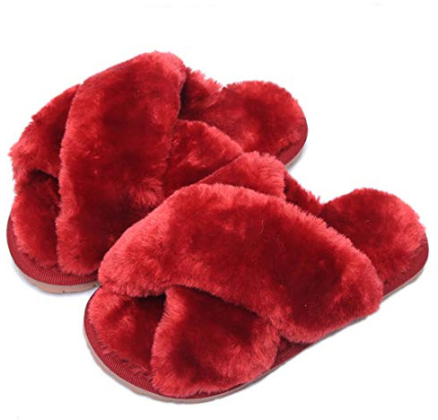 Womens & Girls Slippers Ladies Fluffy Plush House Slippers Cozy Open Toe Faux Fur Sliders for Girls Warm Sandals Indoor Winter