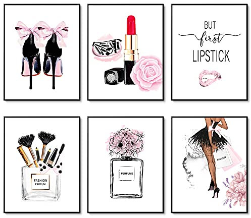 Fashion Wall Art Prints Set of 6 Pink Room Decor Pictures Wall Decor Canvas Art Posters Perfume Lipstick Makeup Wall Decor Artwork Girls Room Pictures for Bedroom (8x10 UNFRAMED)