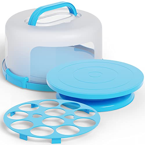 Cake Cupcake Carrier with Lid and Handle + Cake Stand Plate with Dome | 10 Round Cake Container Holder with Cover | Plastic Pie Carrier Cake Storage Container | Bunt Keeper Platter Tray for Transport