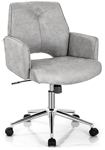 COSTWAY Ergonomic Home Office Chair, Height-Adjustable Leather-Like Computer Desk Chair w/Rolling Casters & Armrests, Upholstered Mid-Back Swivel Accent Chair for Home, Office, Study, Grey