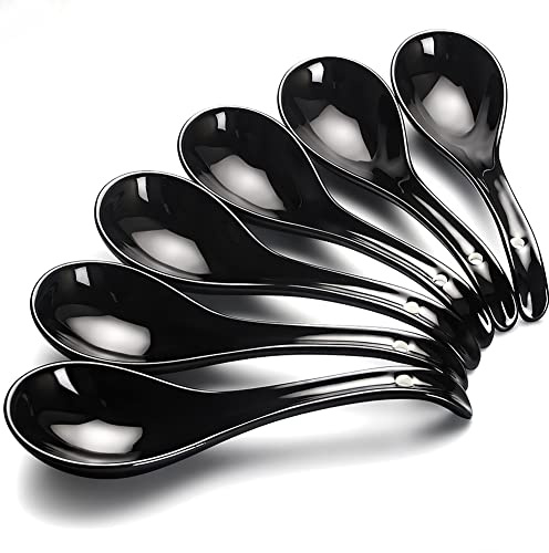 AOOSY Cucchiai da zuppa asiatici, set di 6, cucchiai da zuppa cinesi in ceramica da 6,75 pollici, cucchiaio nero giapponese per Ramen Pho Wonton Gnocco Miso Cereali
