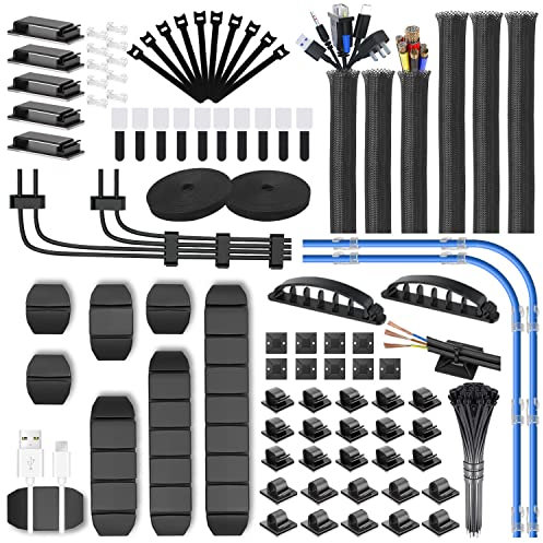 Lot de 188 Range-câbles avec 6 Manchons de câble, 50 Clips de câble, 2 Rouleaux Autocollants, 20 Rubans de Fixation, 10 Attaches de Fermeture éclair et 100 Attaches de câble, kit de Gestion de câbles