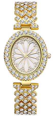 JewelryWe Armbanduhr Damen Elegant Einzigartig Strass Rund/Oval Zifferblatt Analog Quarz Beiläufige Uhr Damenuhr mit Metallarmband Kugelarmband, Gold Silber