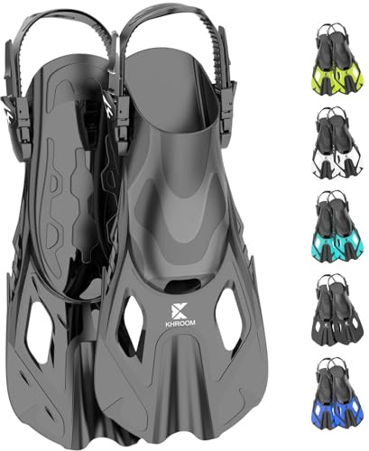 Khroom Schnorchelflossen verstellbar Flossen Erwachsene & Kinder | Kurze Taucherflossen & Flippers zum Schnorcheln Schwimmen Tauchen | leichte Schwimmflossen für Urlaub & Pool (Schwarz 42-47