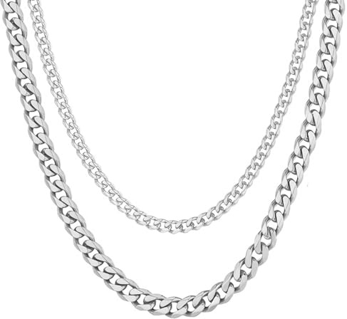 MenYiYDS 2-delat set med klassiska kubankedjor för kvinnor och män, bredd 3 mm/5 mm, rostfritt stål, längd 40 cm, färg silver