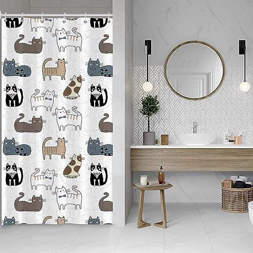 ASDCXZ Tenda da doccia sottile, 120 x 200 cm, graziosa tenda da doccia con gatti, colore bianco, lavabile, con occhielli, in poliestere, impermeabile, per vasca da bagno con 8 ganci