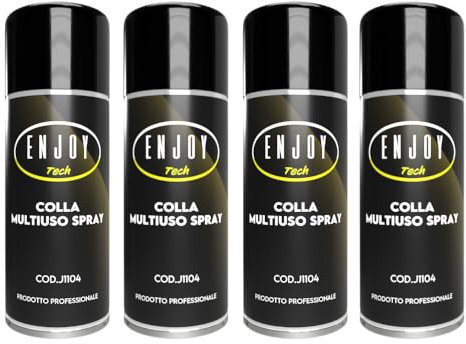 ENJOY TECH - Colla Extraforte Spray 4x400ML | Per Tessuti, Plastica, Legno, Auto e Metalli | Applicazione Permanente | Resistente a Intemperie e Calore | Made in Italy