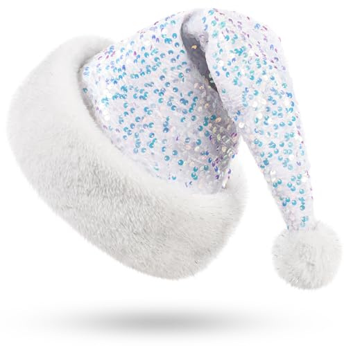 KONVINIT Blanco Gorro Navidad Gorro papa Noel Adulto Felpa Gorro Santa Claus con Lentejuelas Sombrero de Navidad para Hombre y Mujer para Fiesta de Navidad,blanco