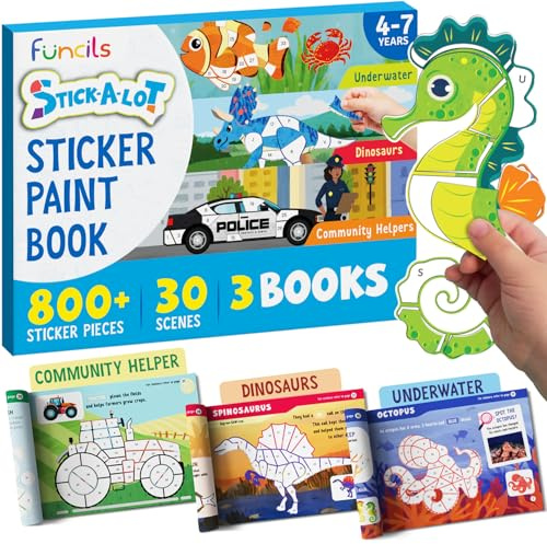 Funcils Paint by Sticker & Number for Kids - 30 Color by Sticker Paint Book | Travel, Airplane, Car Activities for Kids Ages 4-8 Girls Boys | Art & Crafts Games, Puzzle Books, Learning Educational Kit